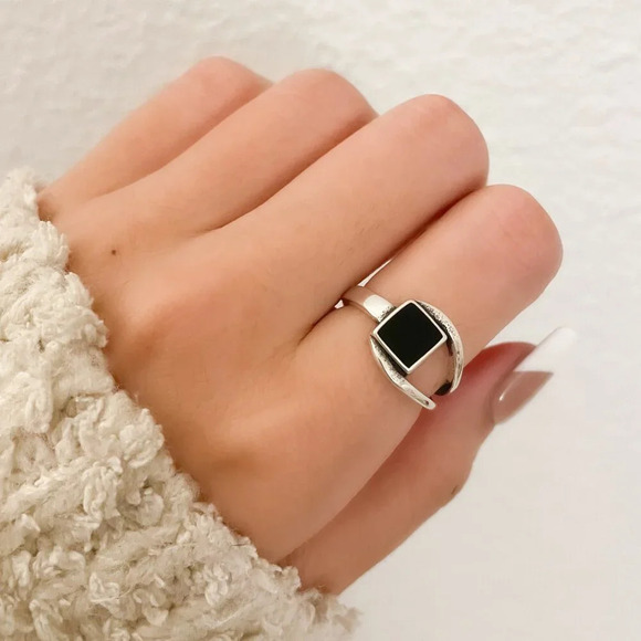Jewelry - 925 Sterling Silver Dainty Ring Black Square Ring Geometric Ring Minimalist Ring